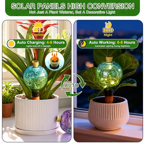 Plant Watering Globe with Solar Light, Blue Green Glass, 17 oz - view 3