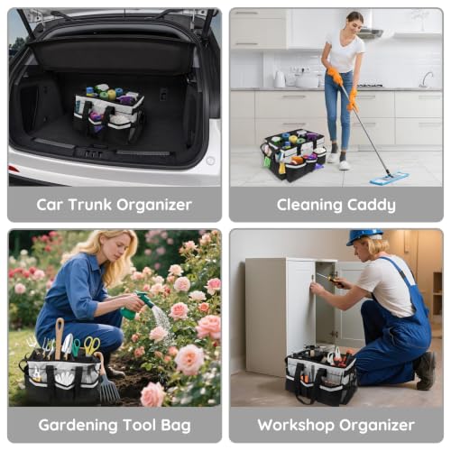 Large Cleaning Caddy Bag with Handle, Built-in Sturdy Support Board, Adjustable Shoulder Strap, Multi-compartment Design Cleaning Supply Tote for Cleaners & Housekeepers (White) - view 7