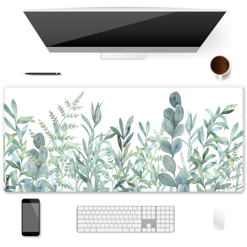 XXL Waterproof Office Desk Pad Protector 35.4x15.7 Inch - Extended Gaming Mouse Pad with Non-Slip Rubber Base, Thickened Keyboard Mat, Stitched Edges & Green Plants Design
