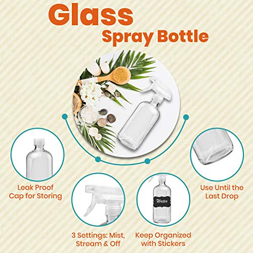 Clear Glass Spray Bottles For Cleaning Solutions (4 Pack) - 16 Ounce, Refillable & Reusable Sprayer for Essential Oil, Water, Kitchen, Hair. Durable Black Trigger Sprayer w/Mist and Stream Settings - view 2
