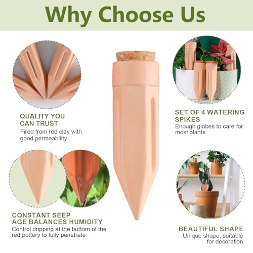 Terracotta Watering Spikes, 4 Pack Plant Watering Devices Self Watering Spikes Vacation Clay Watering Stakes Garden Plant Watering Globes for Indoor & Outdoor Plants - view 3