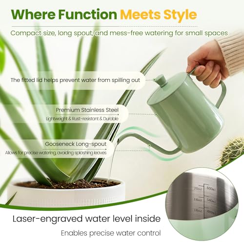 Watering Can for Indoor Plants, 20 oz Metal Small Plant Watering Can with Long Spout for House Plants, 13.5 oz Glass Plant Mister Spray Bottle for Bonsai Garden Flowers Decorative (Green) - view 2
