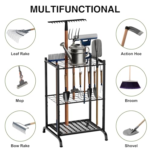 Garden Tool Organizer with Storage Hooks, Yard Tool Tower Rack for Garage Organization and Storage, Up to 35 Long-Handled Tools, Metal Tool Holder with 6 Hooks, Black - view 5