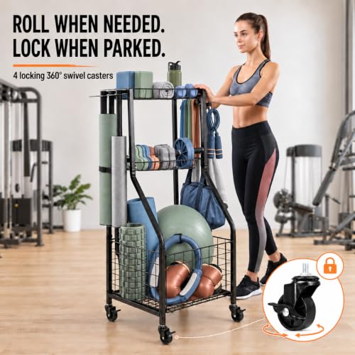 Rolling Sports Equipment Organizer with Locking Wheels and Ball Rack - view 3