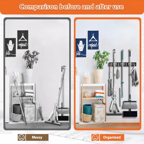Mop and Broom Holder Wall Mount - Rustic Wood Broom Hanger Wall Mount | Laundry Room Decor - Broom Organizer Wall Mount for Farmhouse Garden Kitchen Garage Tool Organizer(Black-3slots/4hooks) - view 2