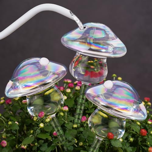 Self Watering Globes Mushroom Glass Bulbs Set of 3, Indoor Outdoor