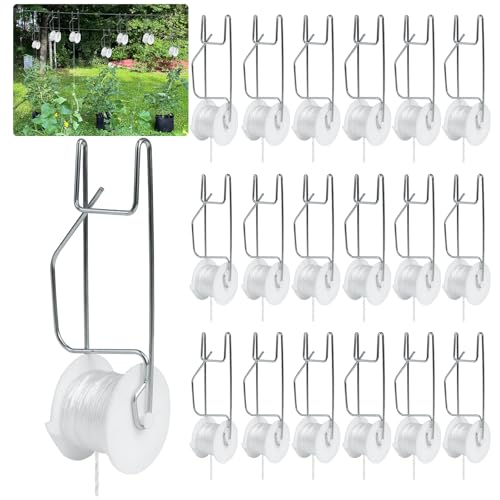 Tomato Support Hooks with String,20 Pack Tomato Trellis Roller Hooks with 49.2FT String for Plant,Greenhouse Tomato Flower Vine Twine Crop Trellis Kit Plant Roller Hook