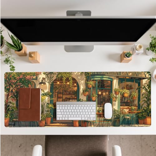 Japanese Coffee Shop Mouse Pad Desk Mat XL Extended Large Gaming Desk Pad Mousepad, Green Plant Computer Laptop Keyboard and Mouse Mat, Desktop Protector Mat for Office and Home 31.5x11.8 in - view 3