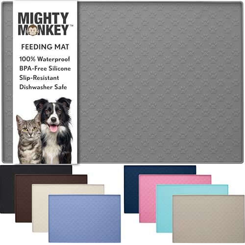 100% Waterproof Dog Food Mat, Raised Edges Silicone Pet Feeding Placemat for Cat, Dogs, Pet Bowls, High Lipped Tray Prevents Water Spills, Food on Floor, Dishwasher Safe, 24x16, Gray