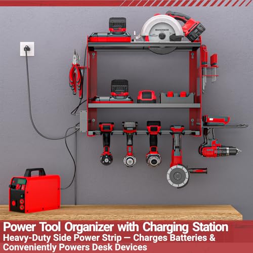 Power Tool Organizer Wall Mount with Charging Station, Cordless Tools Hanger and Battery Storage Rack for Garage Organization, Heavy Duty Drill Holder Shelf Build in Metal Power Strip - Red - view 3