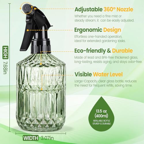 Watering Can for Indoor Plants, 20 oz Metal Small Plant Watering Can with Long Spout for House Plants, 13.5 oz Glass Plant Mister Spray Bottle for Bonsai Garden Flowers Decorative (Green) - view 7