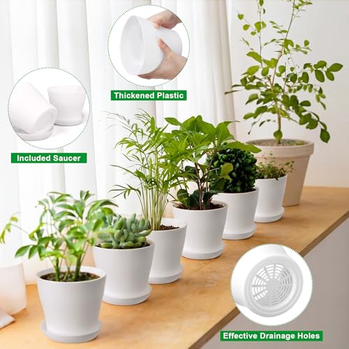 48 Pack Plastic Planters 5.5 Inch Flower Plant Pots Indoor Set Thickened Seedling Nursery Pots Seed Starting Pots with Drainage Holes Saucers Mini Garden Tool for Home Office Garden, White - view 3