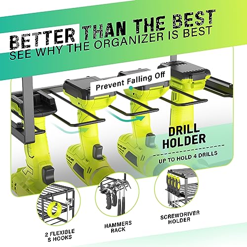 Power Tool Organizer, Heavy Duty Iron, 3 Layers Storage Rack with 4 Drill Holders, Floating Tool Shelf Wall Mounted, Matte Black, Work Shop, Garage, 150Lbs Load Capacity - view 2