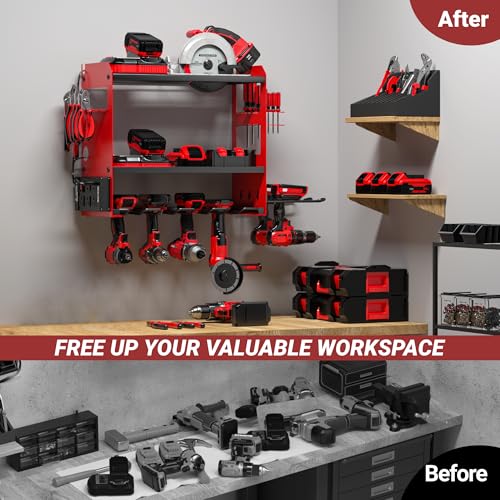 Power Tool Organizer Wall Mount with Charging Station, Cordless Tools Hanger and Battery Storage Rack for Garage Organization, Heavy Duty Drill Holder Shelf Build in Metal Power Strip - Red - view 5