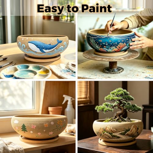 8 inch Round Unglazed Ceramic Bonsai Pot with Bamboo Tray, Shallow Plain Pottery Succulent Planter with Drainage Hole (8”) - view 5