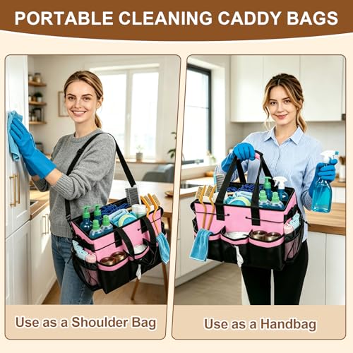 Large Cleaning Caddy Bag - 15" x 10.5" x 9" Heavy-Duty Organizer Tote for Housekeepers, Janitors & Home Cleaning Supplies with Adjustable Shoulder Strap & Multiple Pockets (Pink) - view 6