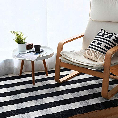 Cotton Rug Hand-Woven Checkered Carpet Braided Kitchen Mat Black and White Floor Rugs Living Room Area Rug, 70.8''×47.3'' - view 3