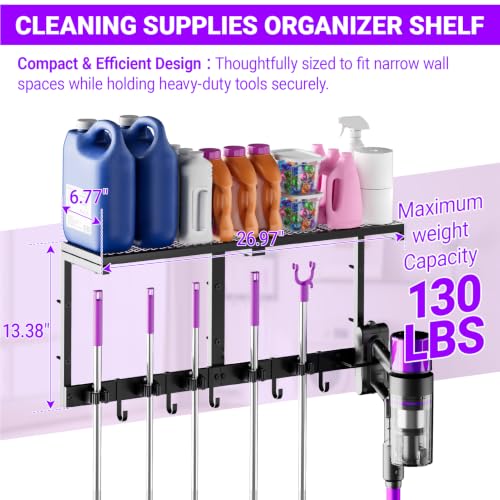 Heavy Duty Broom Holder Wall Mount, All-Metal Mop Rack with Storage Shelves - view 2