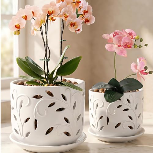 Ceramic Orchid Pots 5+6 Inch White with Drainage Holes & Tray, Breathable Airflow, Indoor & Outdoor - view 5