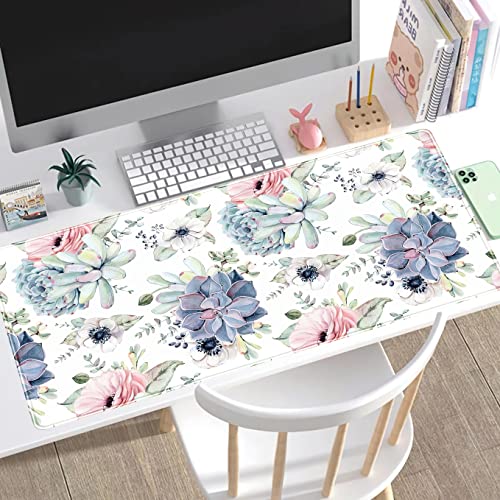 Watercolor Succulents Desk Mat, Plants Succulent Roses Desk Pad Protector, Large Gaming Mouse Pad, Stable Rubber Base Mousepad with Stitched Edges, Keyboard Mouse Mat for Work, Game, Office, Home - view 6