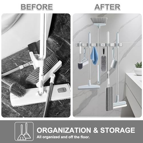 5 Racks and 4 Hooks Wall-Mounted Mop and Broom Holder, Self-Adhesive Heavy-Duty Broom Hanger Organizer, Heavy-Duty Storage and Organization for Home, Kitchen, Garden, Garage, and Rooms Grey - view 2