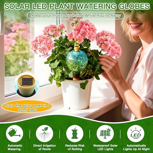 Plant Watering Globe with Solar Light, Blue Green Glass, 17 oz - view 2