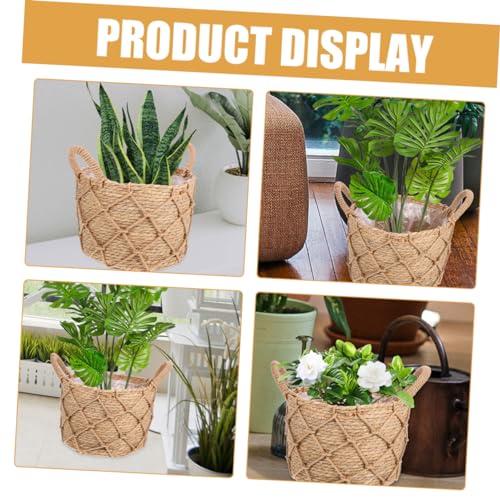 Handwoven Flower Basket Cover with Handles, Straw Hemp Rope Decor - view 3