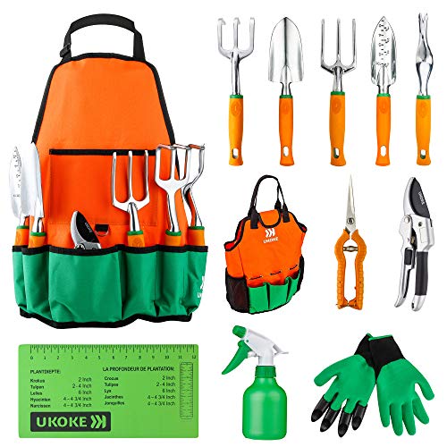 Garden Tool Set, 12 Piece Aluminum Hand Tool Kit, Garden Canvas Apron with Storage Pocket, Outdoor Tool, Heavy Duty Gardening Work Set with Ergonomic Handle, Gardening Tools for women men