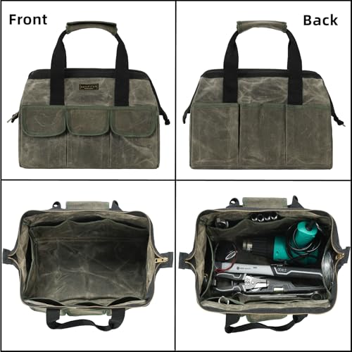15 Inch Tool Bag, Heavy Duty Waxed Canvas Wide Mouth Water-Resistant Tool Pouch, Garden Tool Tote with 15 Pockets | ArmyGreen - view 4
