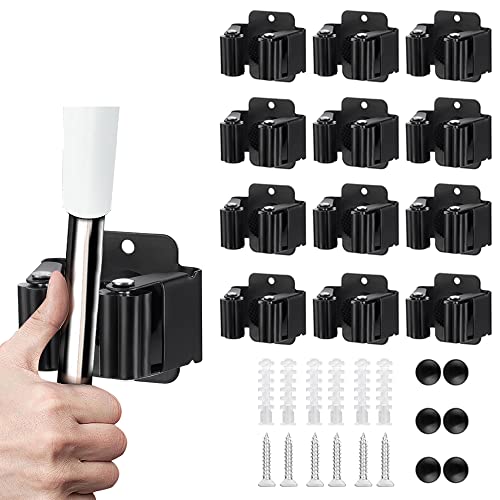 12PCS Broom and Mop Holder, Heavy Duty Garden Tool Organizer Rack Rake and Shovel Handle, Stainless Steel Mop Hanger. Wall Mounted with Screws.Matte Black