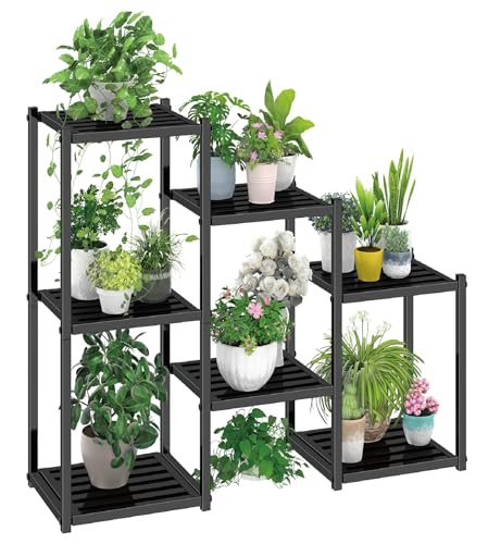 Plant Stand Indoor Outdoor, Heavy Duty Metal Waterproof 7 Tiered Plant Shelf for Multiple Flower Planter Holder Tall Large Rack, Black