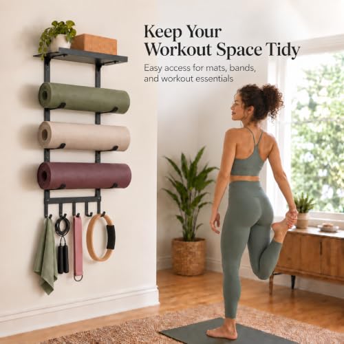 Home Gym Equipment Organizer, Yoga Mat Holder Wall Mount, Yoga Mat Storage Rack with Floating Shelf, 4 Tier Workout Equipment Storage for Foam Roller, Yoga Blocks, Resistance Bands Gym Accessories - view 4