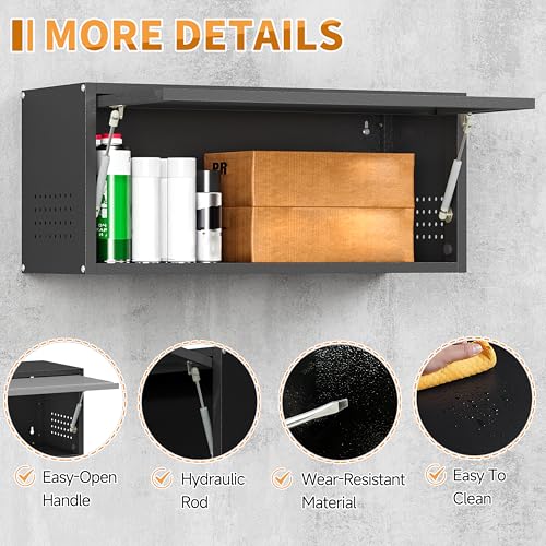 Metal Garage Wall Cabinet with Up-Flip Door,Wall-Mounted Steel Storage Cabinet, Float Tool Cabinet with Pegboard,Upper Cabinet for Kitchen,Garage,Workshop,Warehouse(13.8" H,Black) - view 5