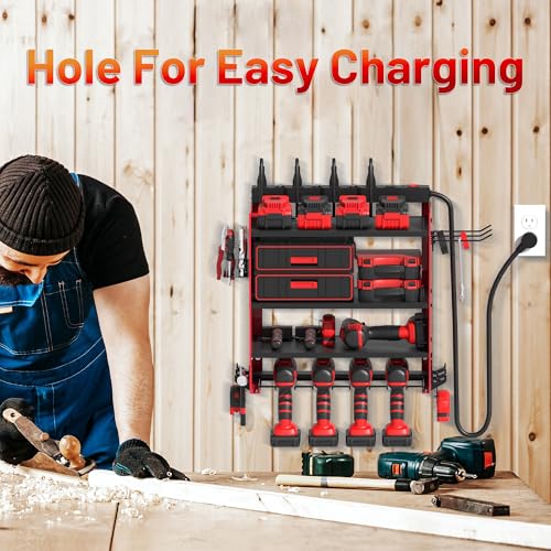Power Tool Organizer Wall Mount with Charging Station, Garage 4 Drill Storage Shelf with Cordless Tool Holder, Heavy Duty Rack with 8 Outlet Power Strips and Hooks, Gift for Men, Husband (4 Layer) - view 7