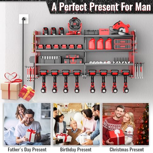 Large Power Tool Organizer Wall Mount with Charging Station, 4 Layer Heavy Duty Metal Cordless Tool Organizer, Tool Storage Rack with 8 Cordless Drill Holder Screwdriver Hammer(Red) - view 6