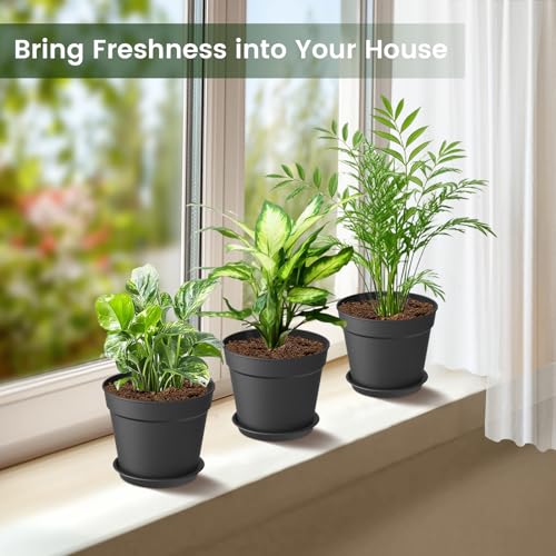 10 Pack 6 Inch Plant Pots with Drainage and Saucers, Black Plastic Flower Pots for Indoor and Outdoor Plants, Stackable Nursery Planters for Houseplants and Herbs, Black - view 2