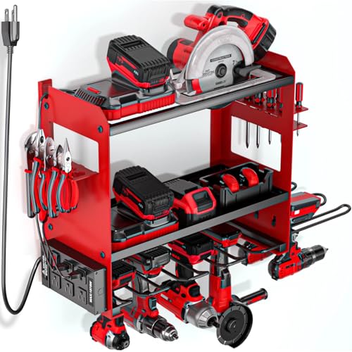 Power Tool Organizer Wall Mount with Charging Station, Cordless Tools Hanger and Battery Storage Rack for Garage Organization, Heavy Duty Drill Holder Shelf Build in Metal Power Strip - Red