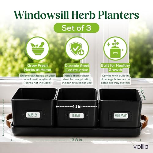Herb Planter Indoor - Set of 3 Black Indoor Herb Garden Pots for Plants with Leather Handled Tray - Window Sill Plant Shelf - Herb Pots with Drainage Holes and Labels - view 2