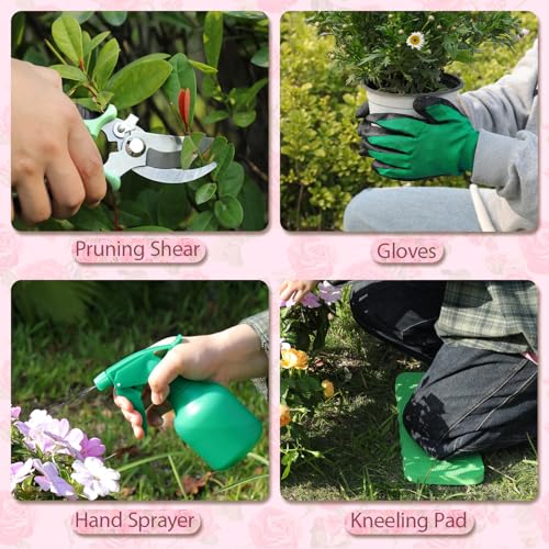 Garden Tools Set, 10-Piece Heavy Duty Garden Hand Tools Kit with Wooden Handle, Durable Organizer Bag for Garden Supplies, Gardening Gifts for Women Grandmother, Pink Floral Pattern - view 6