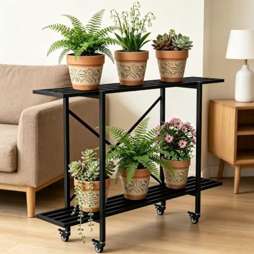 2 Tier Window Height Metal Plant Stand with wheels easy assembly - view 4