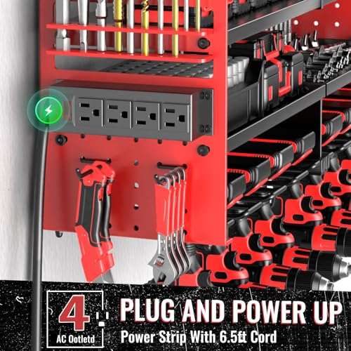 Large Power Tool Organizer Wall Mount with Charging Station, 4 Layer Heavy Duty Metal Cordless Tool Organizer, Tool Storage Rack with 8 Cordless Drill Holder Screwdriver Hammer(Red) - view 5