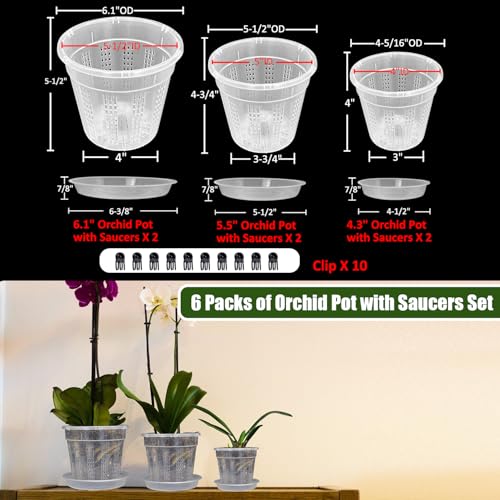 Orchid Pot with Saucers, 6 Pack Orchid Pots with Holes, 2 Each of 4.3",5.5",6.1" Clear Plastic Planter for Indoor Outdoor Plants (2 Each of 4.3,5.5",6.1" with Saucers) - view 7