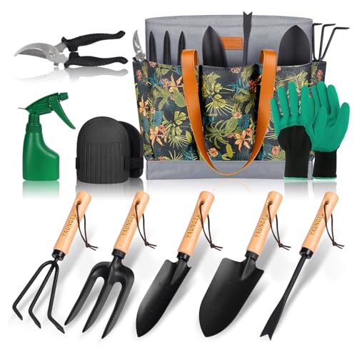 Garden Tools - 10Pcs Garden Tool Set Heavy Duty Stainless Steel Gardening Supplies Hand Tools with Wooden Handle, Storage Tote Bag, Ideal Gardening Gifts for Women and Men, Black
