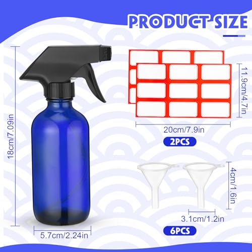 12 Pcs 8 oz Glass Spray Bottles, Funnels and Labels, Blue, Classic - view 2