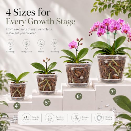 7/6/5/4 Inch Orchid Pots, 8 pack Clear Orchid Pot with Hole and Saucer - view 3