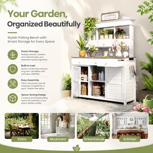 Topmax Potting Bench Table, Outdoor Garden Workstation with Hutch, 3 Shelves, 6 Drawers, 2 Cabinets, Side Hooks for Patio, Mudroom, White Finish, Ideal for Gardening Supplies - view 2