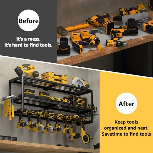 Heavy Duty Power Tool Organizer Wall Mount, Cordless Drill Hanger Storage Rack, Battery Tools Holder with Charging Station Shelf for Garage Organization, Workshop, Pegboard, Shed - 32 Inch 8 Slots - view 4