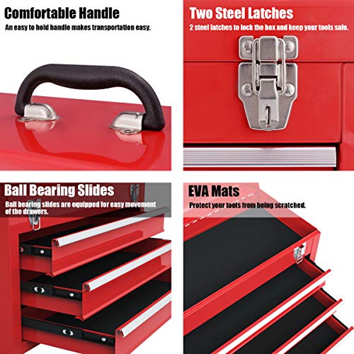 21-inche Tool Box, Portable 3 Drawer Steel Toolbox with Top Storage Tray & Carrying Handle, Double Latch System, Tool Storage Chest Hand Carry Tool Cases for Garage Trunk Household, Red - view 4