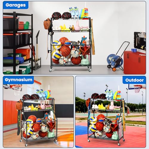 Sport Equipment Organizer for Garage, Steel Basketball Rack with Bat Holder and Hooks, Easy Assembly Storage for Balls, Kids' Toys, Workout Gear, Home Gym, Outdoor - view 5