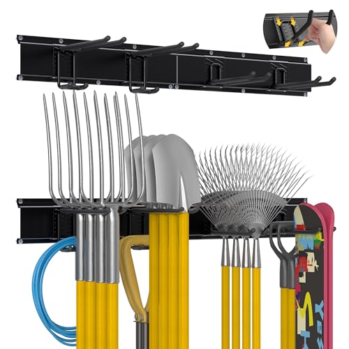 Garage Tool Organizer Wall Mount with 32 inches Rails and Adjustable Heavy-Duty Hooks, Garden Tool Organizer, Carries 300 lbs, Heavy Duty Garage Storage Rack For Yard, Shed, Workshop, Easy to Install